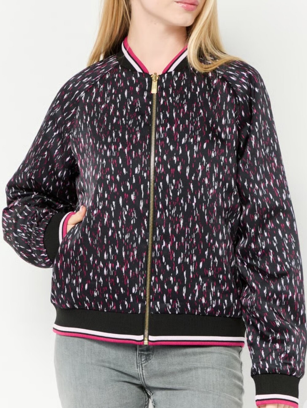 Women's Black Patterned Bomber Jacket with Pink Accent